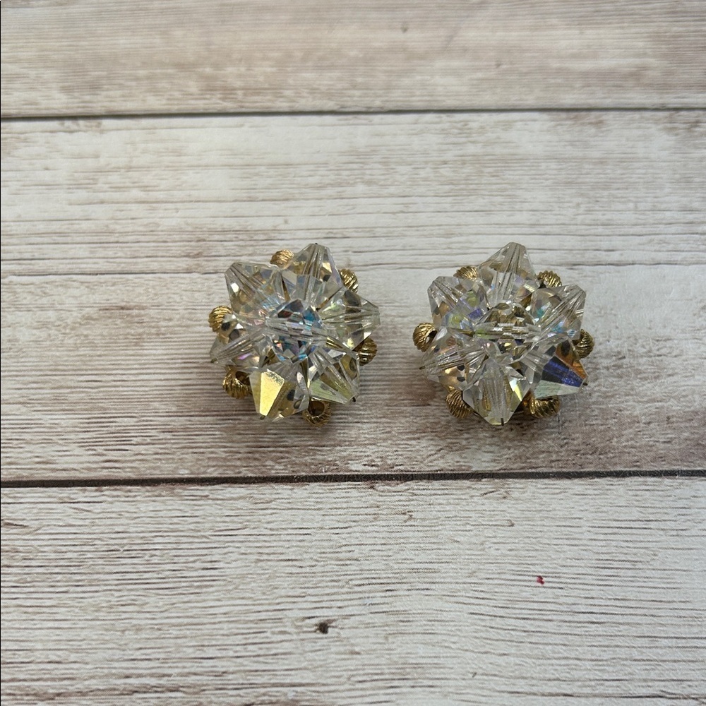 Vintage Gold and AB Crystal Clip Earrings